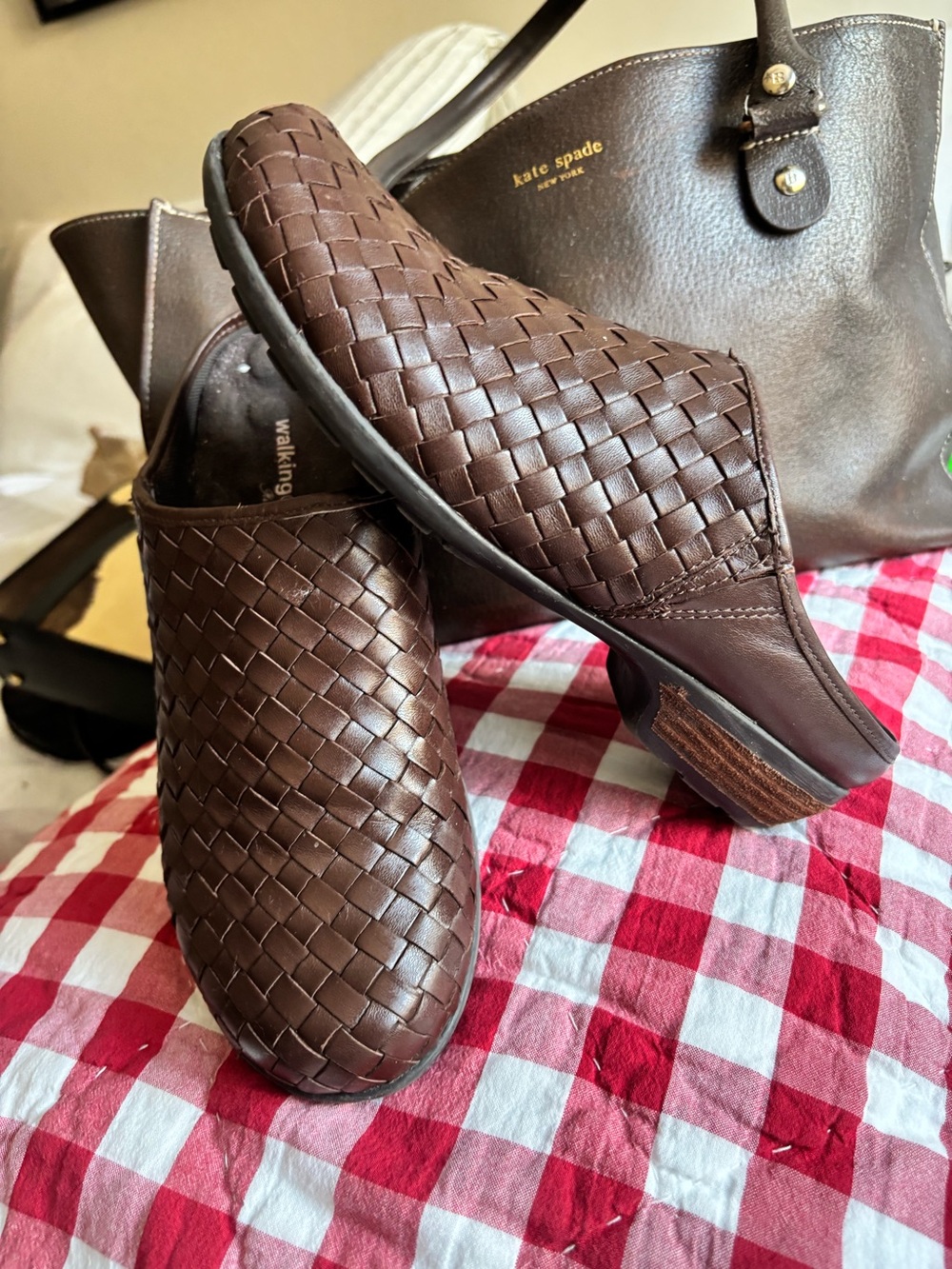 Walking Cradles Woven Leather Clogs in Dark Brown